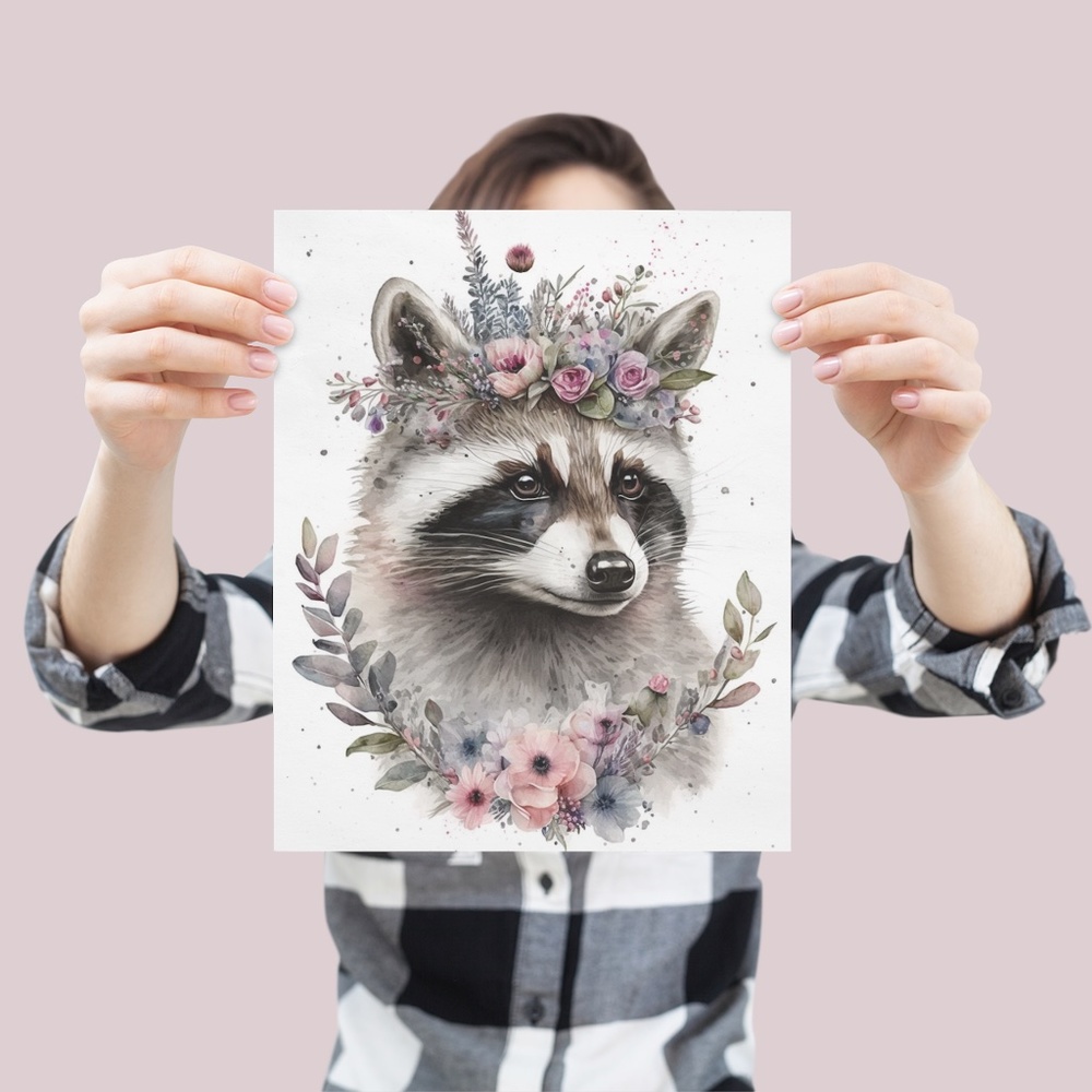 Cute Floral Raccoon Watercolor Wall Art Illustration Print Poster Unframed - Picture 4 of 6